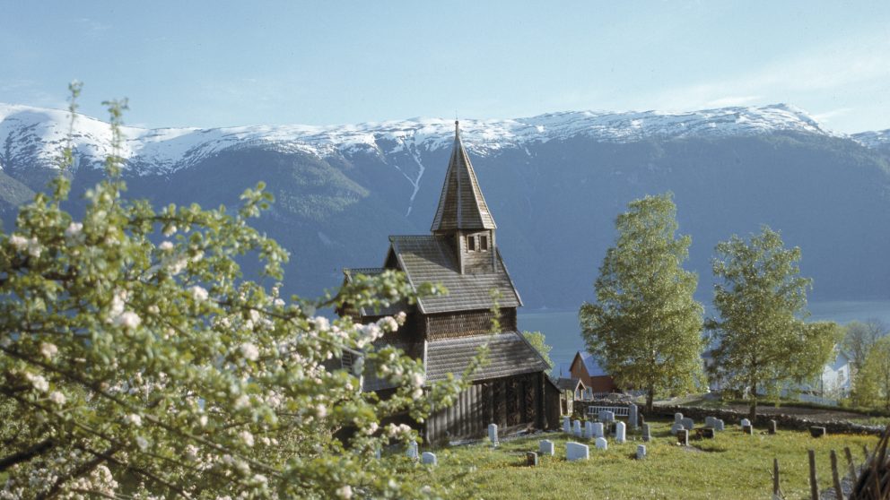 Urnes stavkirke med kirkegård, grønn plen og frukttre i blomst i forgrunnen. Fjord og snødekte fjell i bakgrunnen. Foto: Håkon Christie, Riksantikvaren