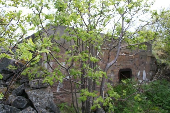 Bilde av en forlatt bygning i naturstein mellom trærne. . Foto er tatt av Geir Olav Gramm, Riksantikvaren