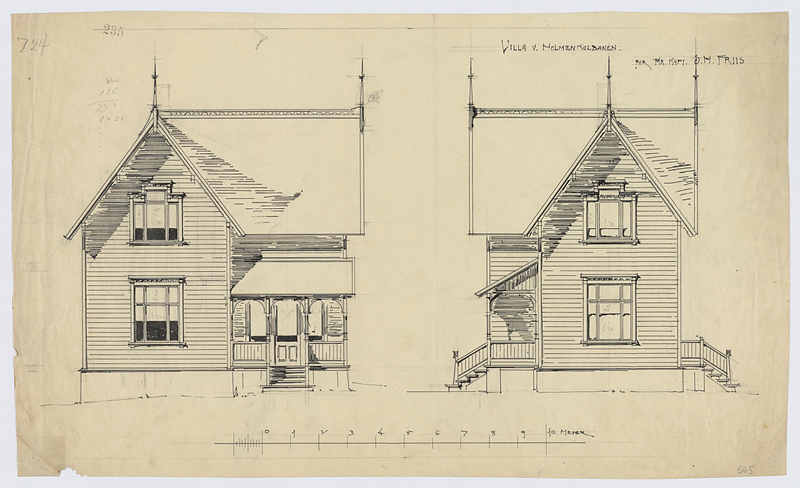 Tegning av Villa ved Holmenkollbanen. Bildet viser Situasjnsplan og tegnet utsnitt. Tegningen er laget av Holger Sindig Larsen