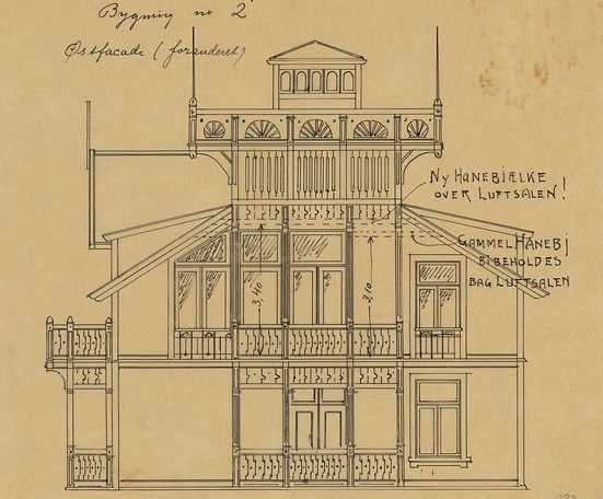 Fasadetegning av Voksenåsen Hospits, tegnet av Halvdan Berle i 1901.
