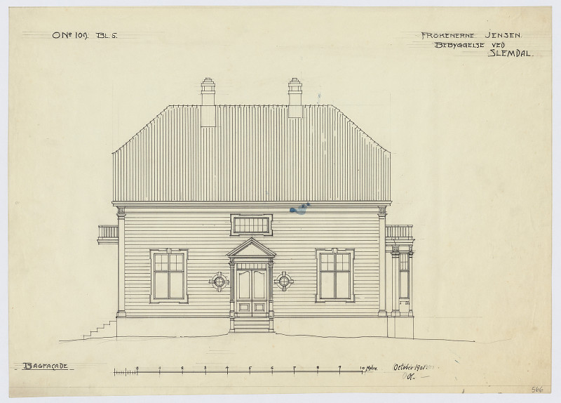 Tegning av fasaden til Frøknenes Jensens Villa, tegnet avOlav Olson i 1901.