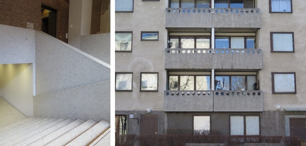Bildet til venstre: Slipt betong i Neues Museum, Berlin. Bildet til høyre: Karakteristiske balkongfronter i Bredäng utenfor Stockholm.