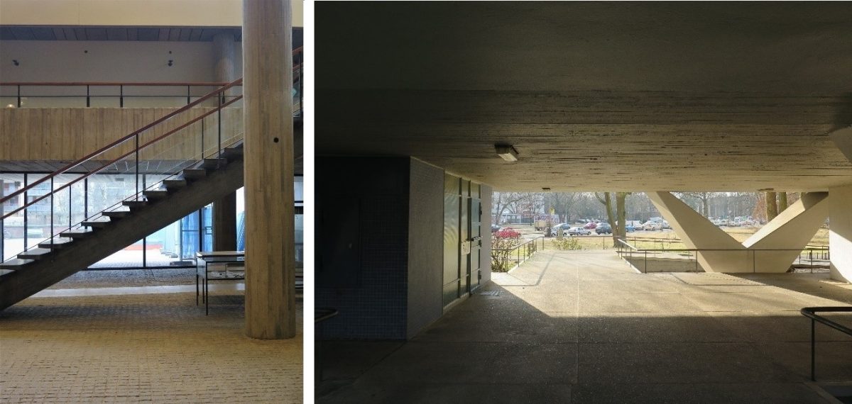 Bildet til venstre: St. Görans Gymnasium i Stockholm. Bildet til høyre: Oscar Niemeyers boligbygg i Hansaviertel, Berlin.