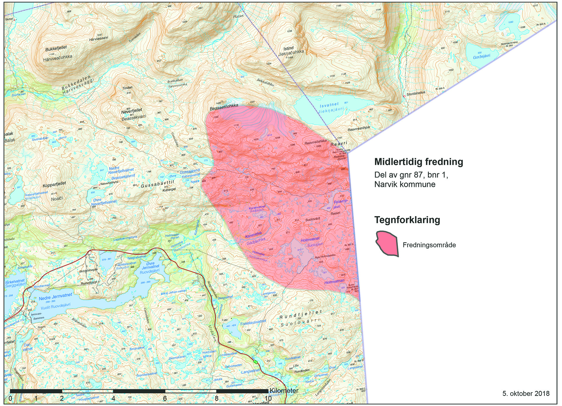 Illustrasjonen viser kart over midlertidig fredet område i Narvikfjella.