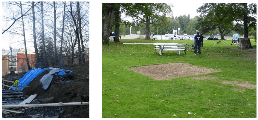 Sikring av trærnes røtter ved NMBU, Ås, og eksempel på skade fra midlertidig anlegg på plenen i en fredet park.