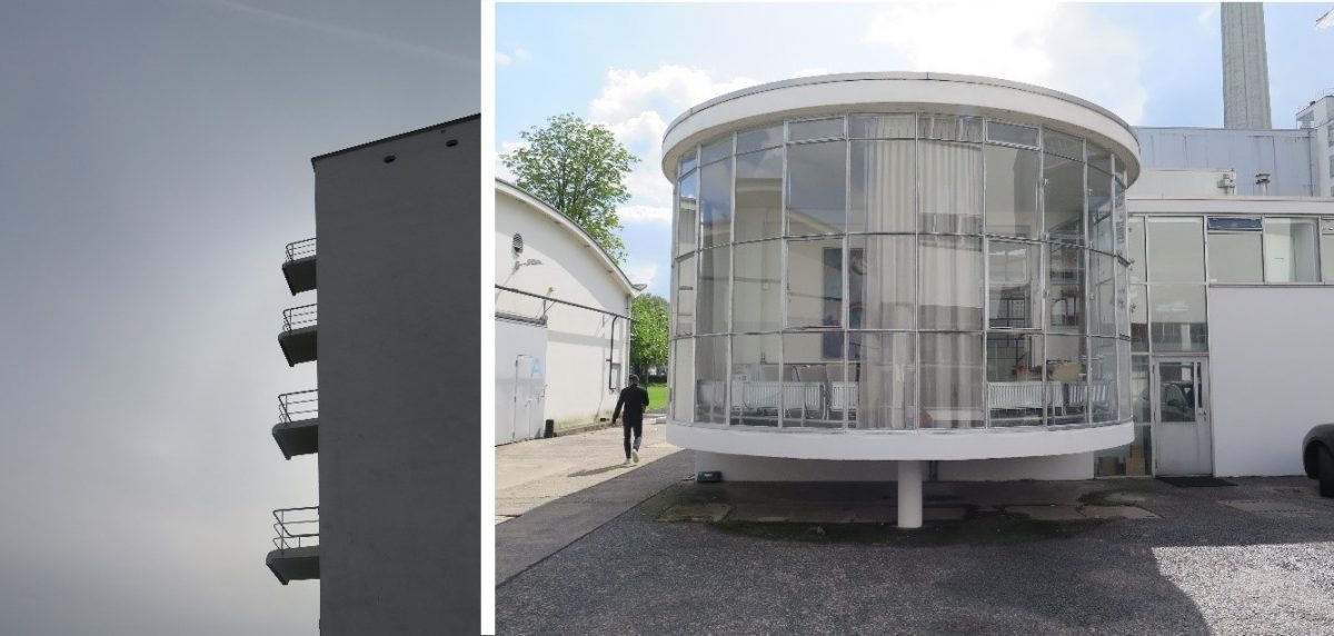 Bildet til venstre: Balkonger på Bauhausskolen i Dessau. Bildet til høyre: Pavilljong på Van Nelle fabrikken utenfor Rotterdam.