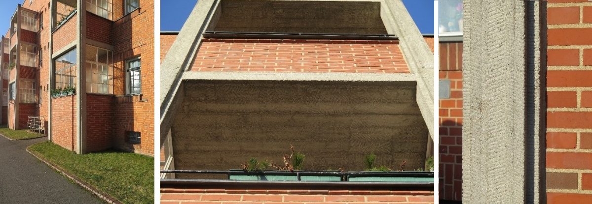 Eksempler på meislet betong på fasaden i et boligbygg
