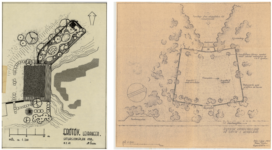 Magne Bruuns situasjonsplan over Grøtøy handelssted fra 1958 og Karens Reistads plan av 1953 for Tjøtta internasjonale krigskirkegård.