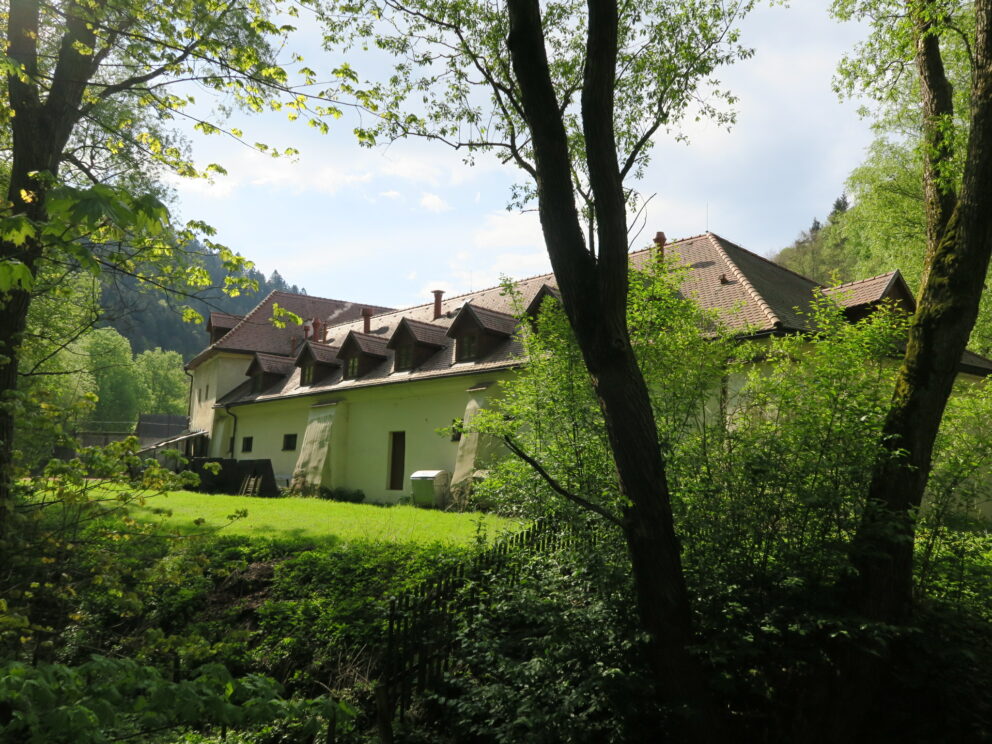 En stor, lys bygning med brunt tak er omgitt av frodige, grønne trær og gress på en solfylt dag.