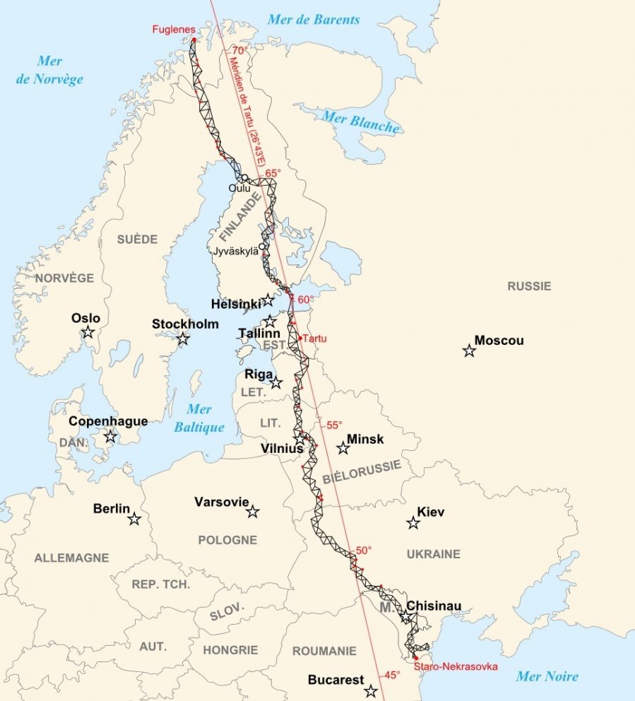 The picture shows a map of the Struve Geodetic Arc. The 34 red dots on the map indicate the World Heritage sites. Illustrated by Historicair (CC-BY-SA) via Wikimedia Commons