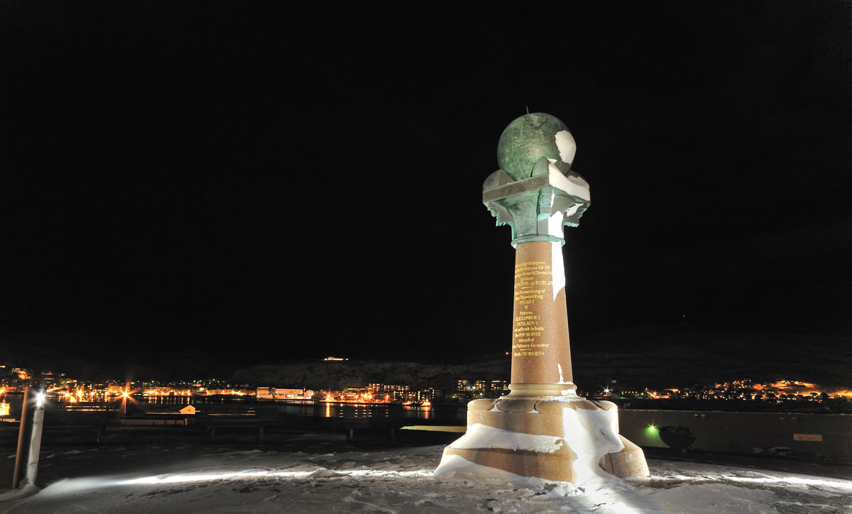 The Struve Geodetic Arc. The monument outside Hammerfest was erected in 1854. The surrounding enclosure was built a few years later. Photo: The archives of the Directorate for Cultural Heritage.