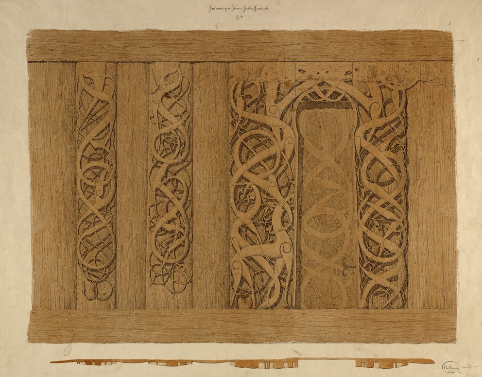 Picture of wood carvings in Urnes Stave Church. Illustration made by Eilert Christian Brodtkorb Christie (1832–1906) from 1859.