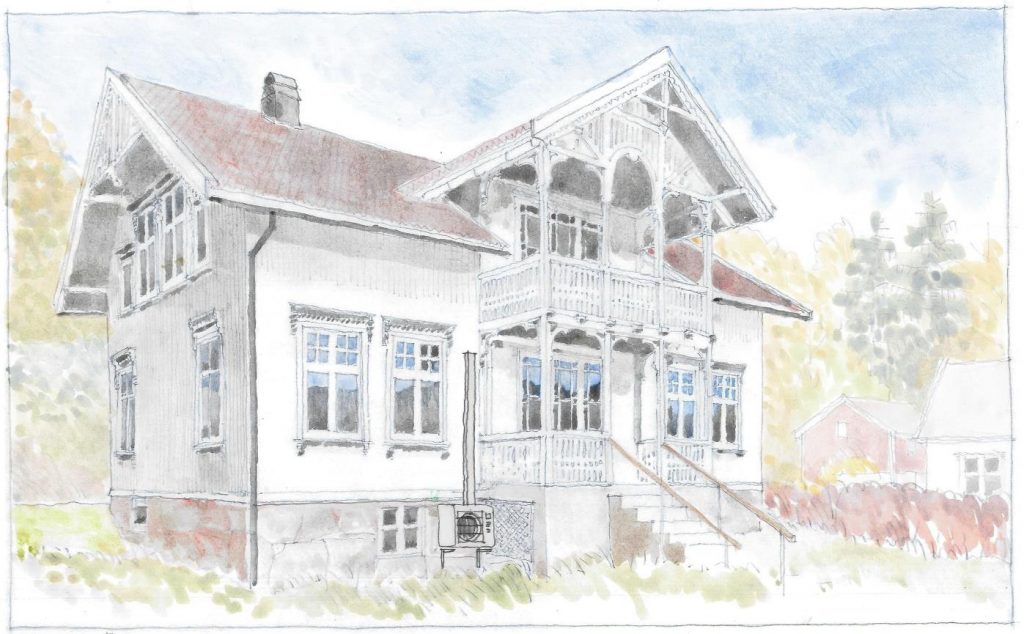 Her illustreres en dårlig løsning for plassering av utedelen på en luft-til-luft-varmepumpe på sveitservillaen. Varmepumpen er plassert ved siden av den flotte verandaen og forstyrrer opplevelsen av viktigste elementet i fasaden.