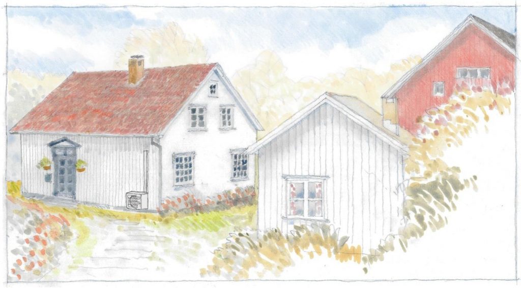 Denne illustrasjonen viser en dårlig plassering av varmepumpen på samme fasade som inngangsdøren. Varmepumpen kommer i konflikt med inngangspartiet, som er et viktig element i fasaden. Her er også varmepumpen noe av det første man ser når man kommer gående opp den lille veien mot inngangsdøren. I tillegg er ikke varmepumpen bygget inn i et varmepumpehus, noe som gjør den enda mer forstyrrende i miljøet.