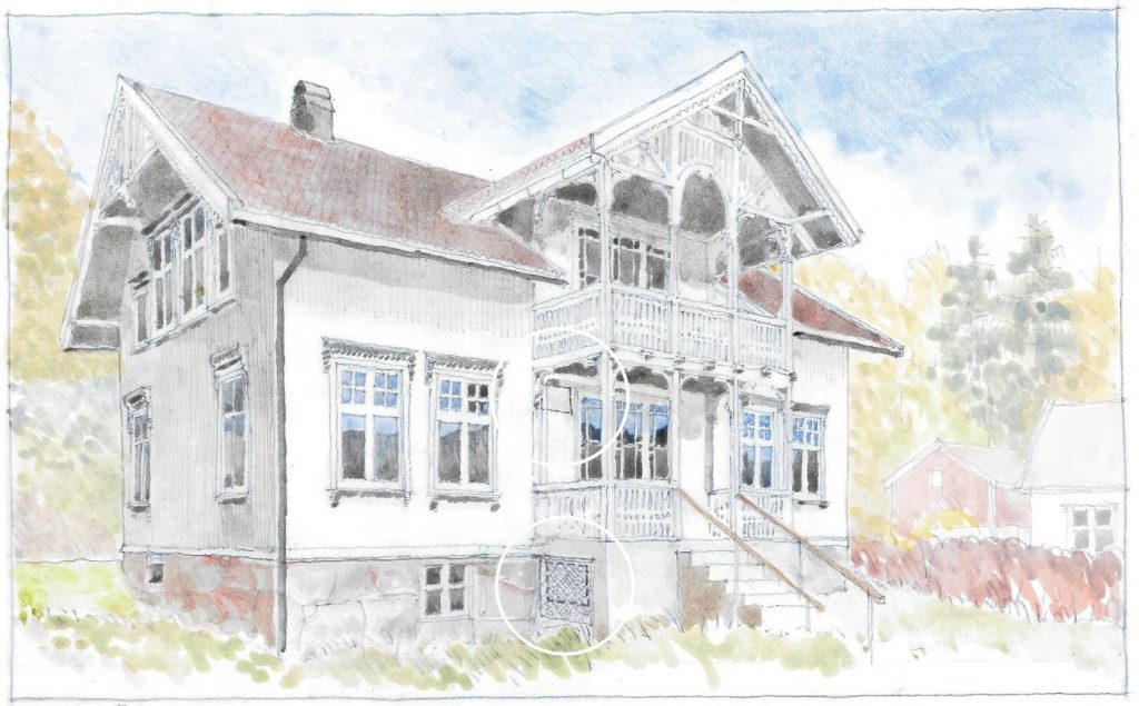 Den andre løsningen er å trekke kanalen langs stolpen i hjørnet på verandaen til en takmontert innedel. Da vil kanalen ligge inne i et hjørne, langs en stolpe, og være lite synlig.