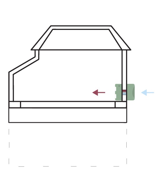Her er eksempelhuset illustrert med ei luft-til-luft-varmepumpe. Fordi eksempelhuset går over tre etasjar og har fleire små rom, er det berekna to varmepumper, éi i nærleiken av trappa i kjellaren og éi mellom stua og kjøkkenet i første etasje.
