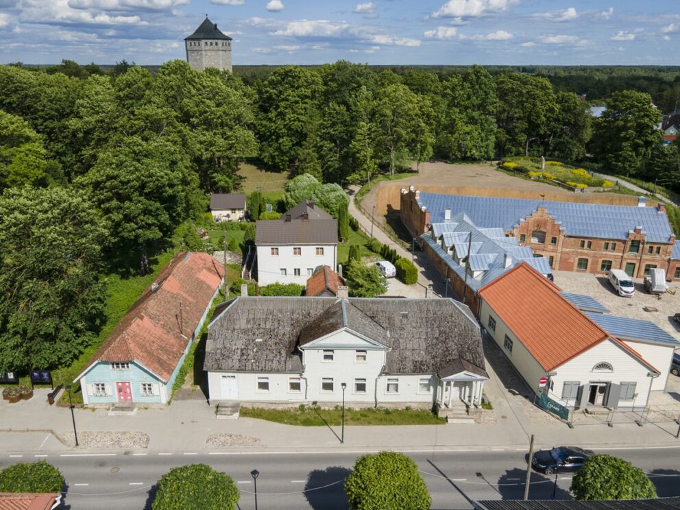 En hvit, historisk villa me dblå vinduskarmer liggende i skyggenn av høye, grønne trær.