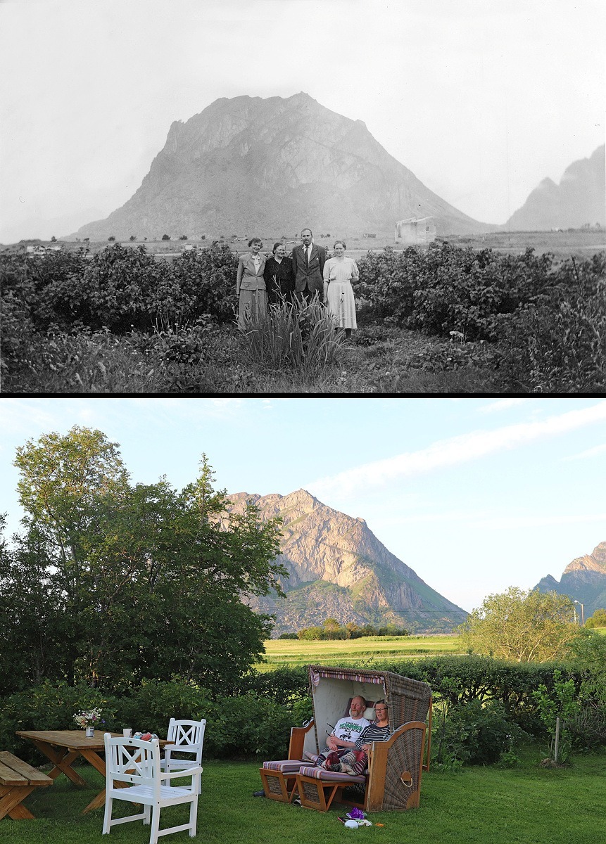 Fra hage på Sjyvollen i Bø omkring 1937, med Mjeldtinden i bakgrunnen. I 2018 ser vi Ulrike og Nils Barsch i hammocken på samme sted