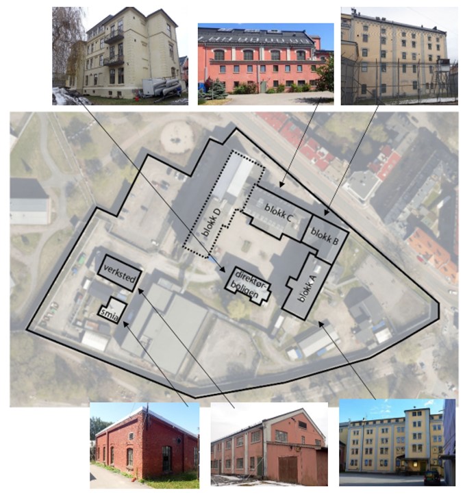 Illustrasjonen og bildene viser plassering av de eldre bygningene i Oslo fengsel på tomta.
