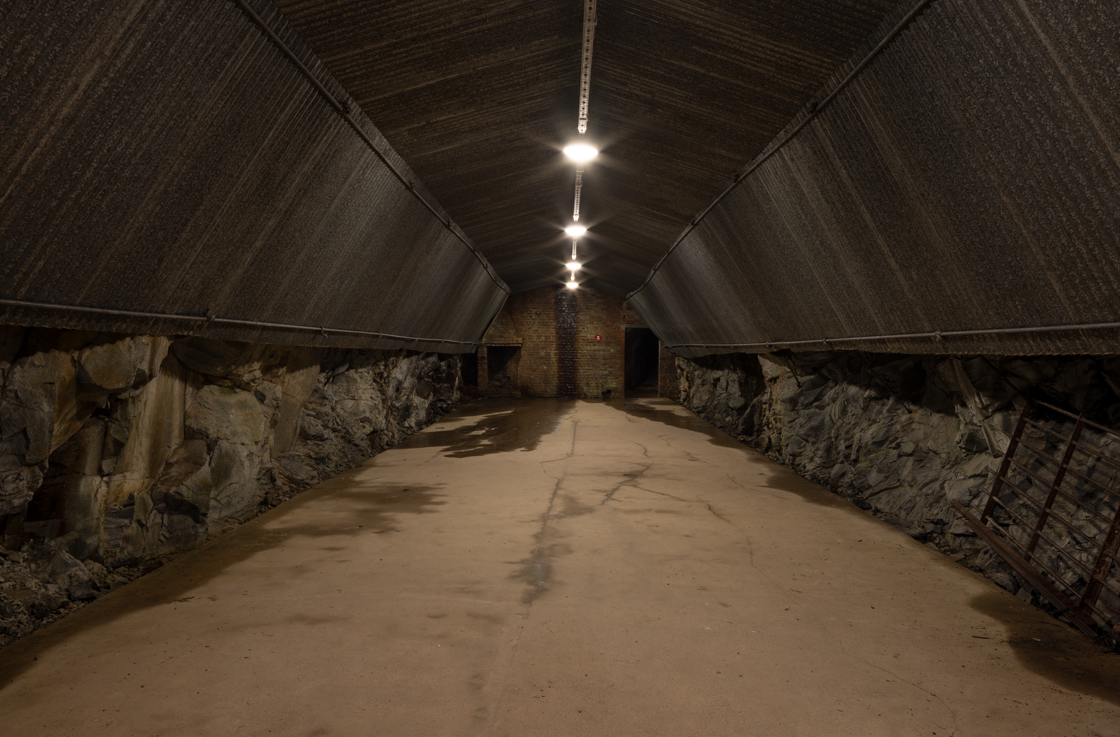 En lang, svakt opplyst betongtunnel med steinvegger og skråtak, som fører til en lukket mursteinsdør i den andre enden.