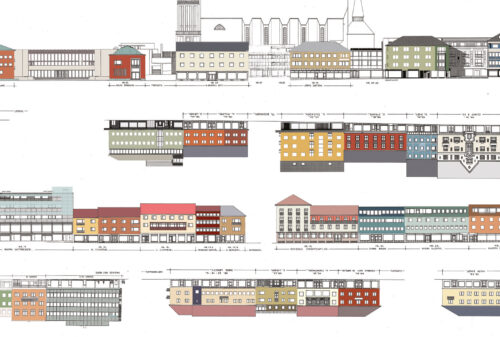 Arkitektoniske opprisstegninger som viser flere bygninger i en rekke stiler og farger, ordnet i rader med detaljerte merknader og mål.