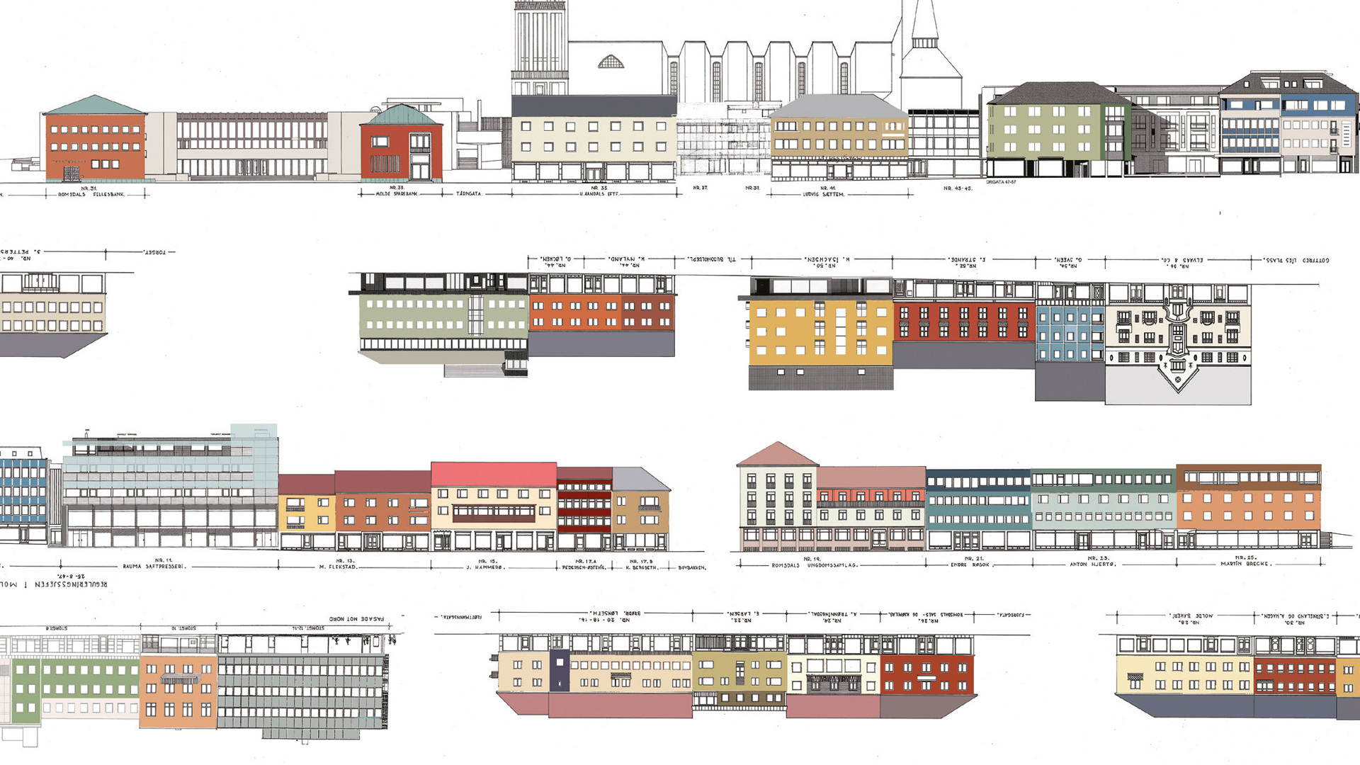 Arkitektoniske opprisstegninger som viser flere bygninger i en rekke stiler og farger, ordnet i rader med detaljerte merknader og mål.
