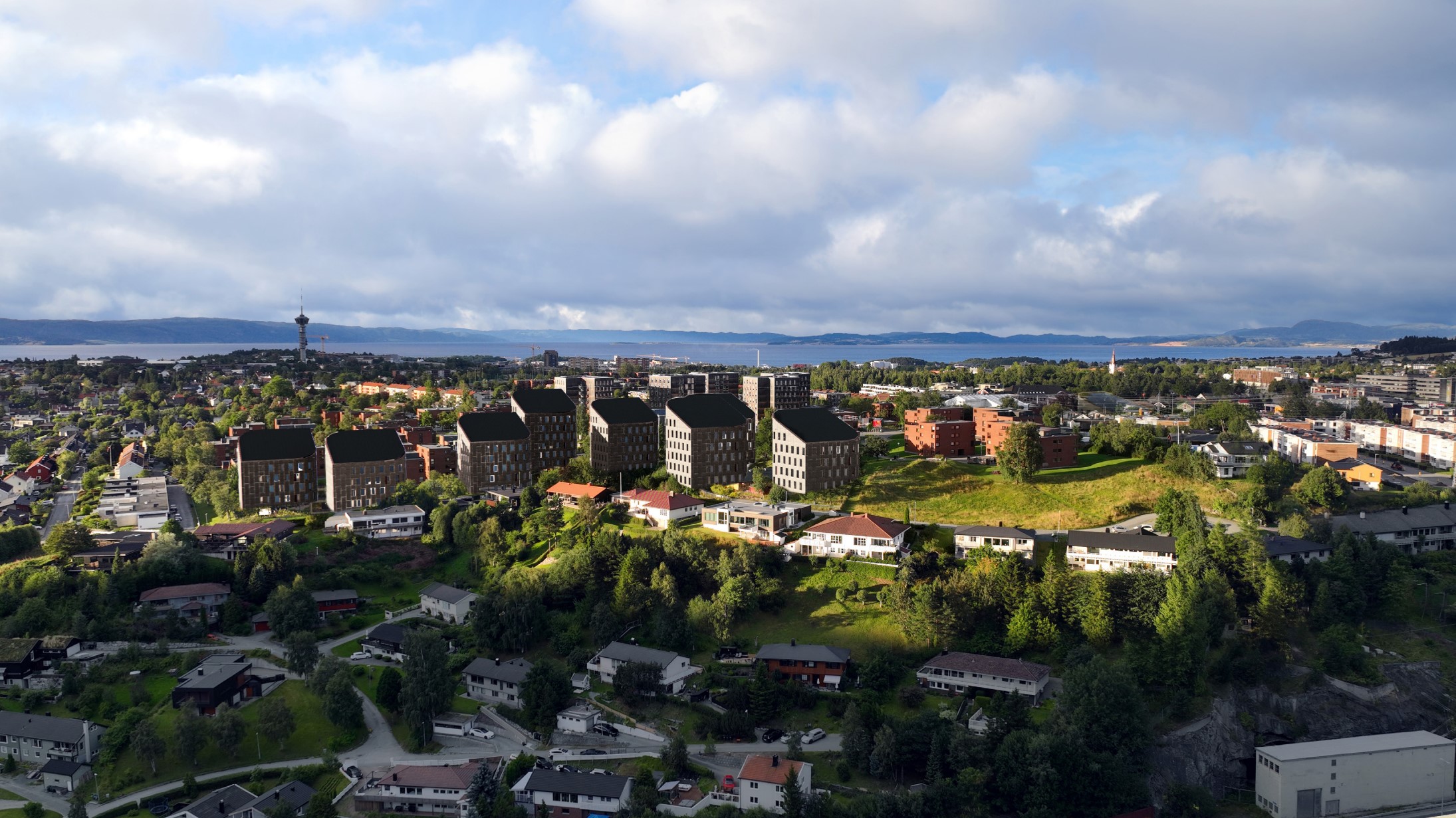 Illustrasjon av nye Moholt studentby. Riksantikvaren har innsigelse til de høye bygningene ved siden av en gravhaug.