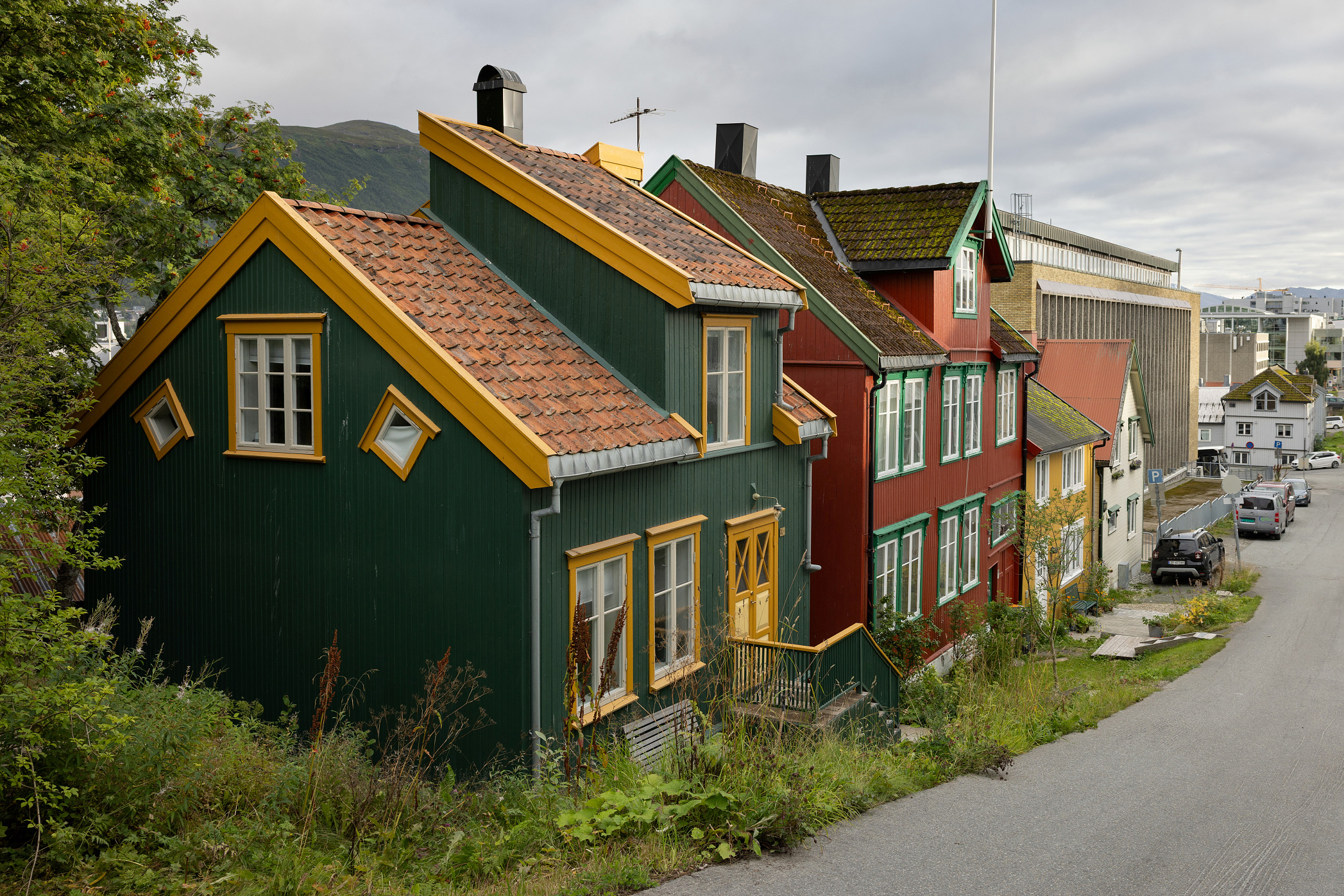 En rekke fargerike trehus med gjengrodd gress står langs en skrå gate i en liten by, med andre bygninger og biler synlige i bakgrunnen.