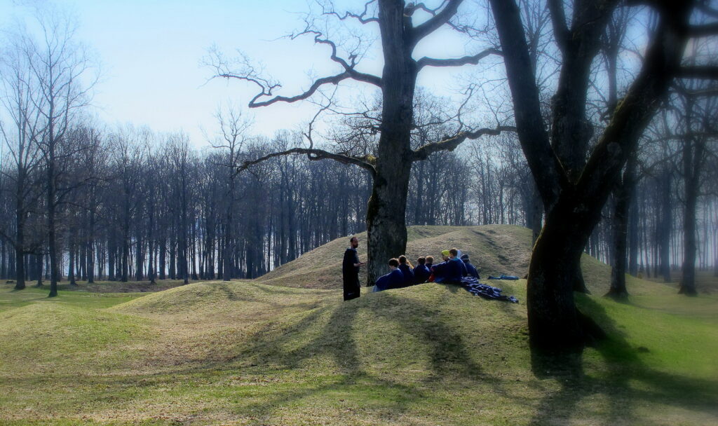 Borreparken i Vestfold: En gruppe mennesker sitter under trærne.