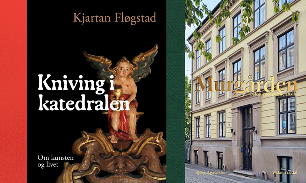 To norske bokomslag: det ene med en dekorativ englestatue og tittelen Kniving i katedralen, det andre med et bilde av en gul bygning og tittelen Murgården.