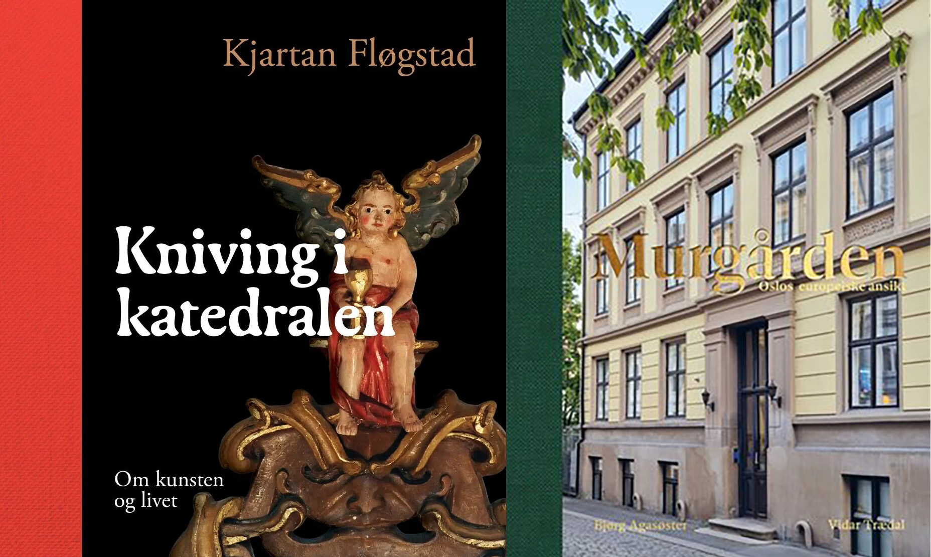 To norske bokomslag: det ene med en dekorativ englestatue og tittelen Kniving i katedralen, det andre med et bilde av en gul bygning og tittelen Murgården.