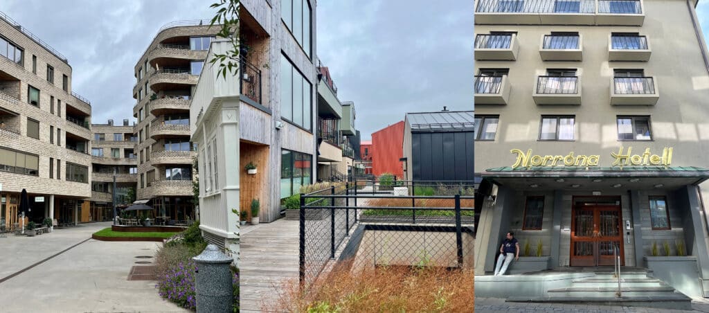 En collage av moderne bygninger i flere etasjer med balkonger, en anlagt gangvei, takhage og inngangen til Norrona Hotel.
