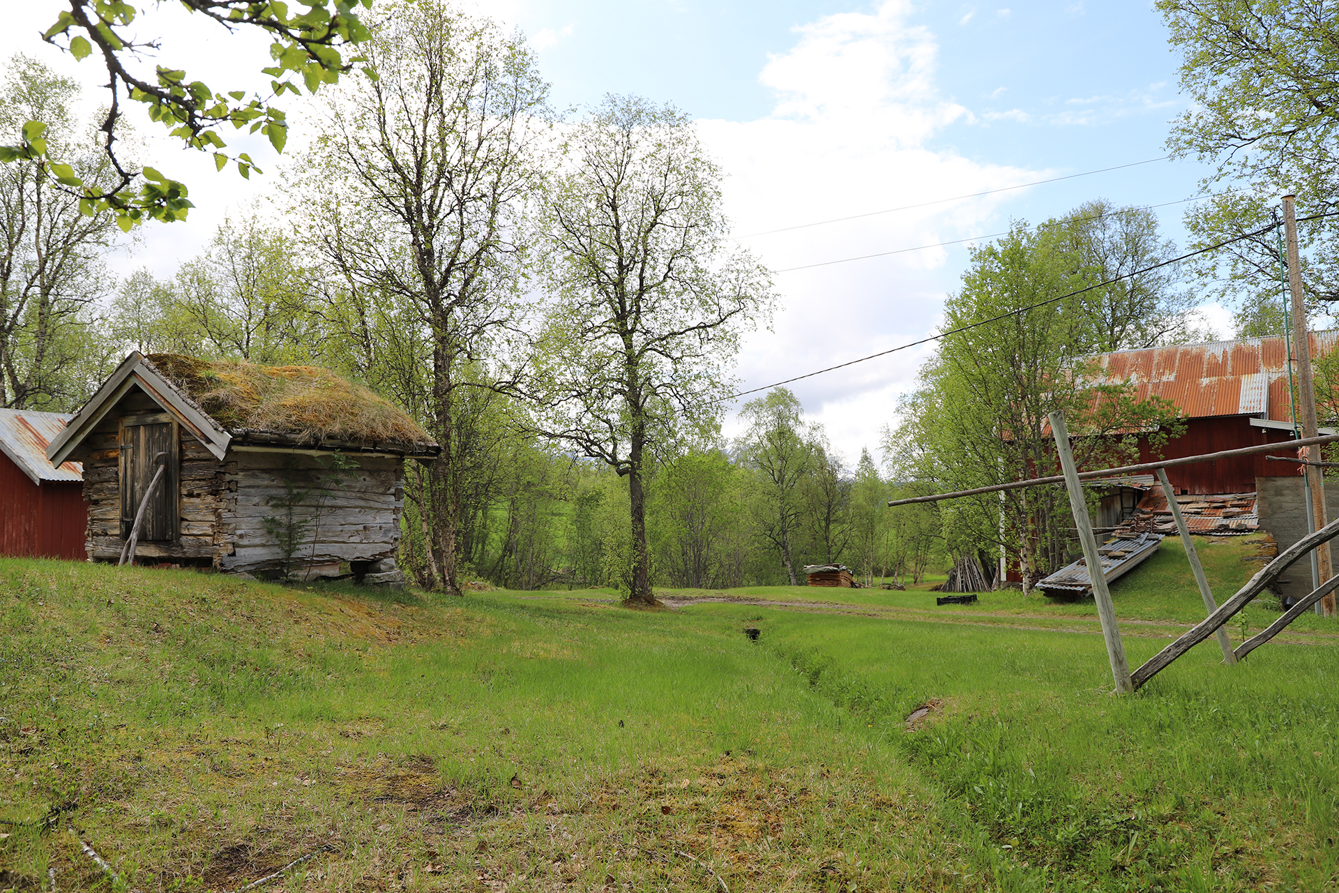 En gresslette med gamle trebygninger, en av dem med mosegrodd tak, omgitt av løvtrær og en delvis overskyet himmel.
