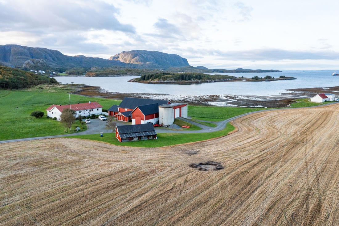 Flyfoto av en kystgård med røde låver, siloer, hus og høstede åkre nær vannet, omgitt av åser og steinete strandlinje.