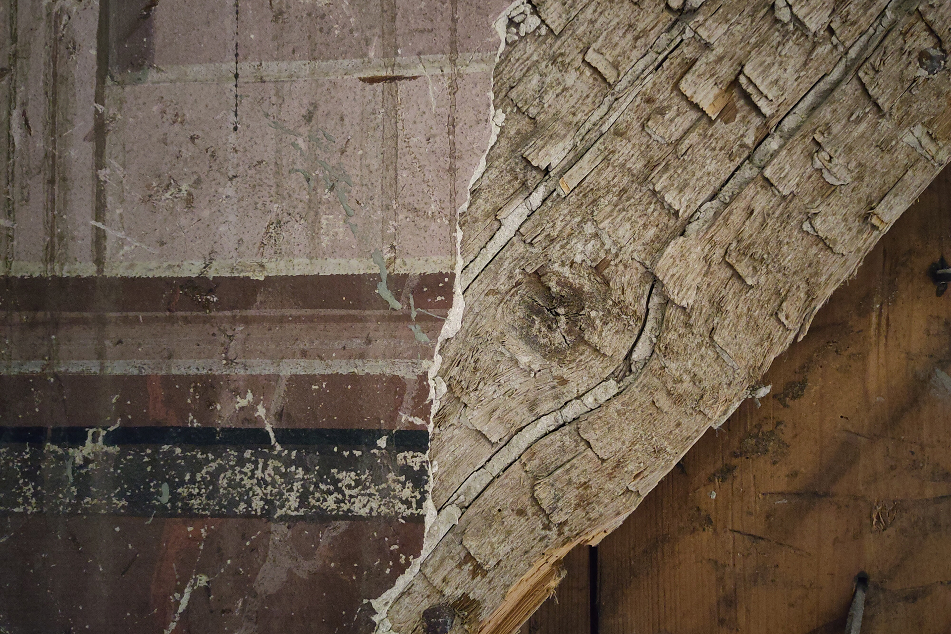 Nærbilde av en forvitret treoverflate med avskallet maling, som blottlegger sprukne og strukturerte treårer under.