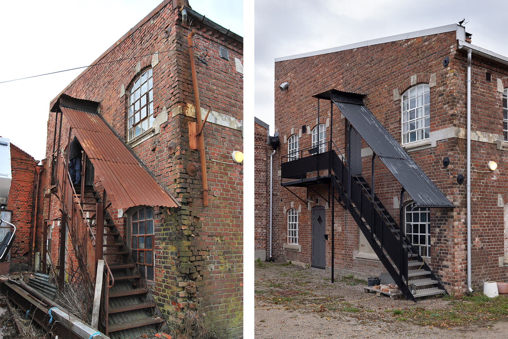 Side-by-side-bilder av en murbygning: Det venstre viser en rusten, nedslitt utvendig trapp, mens det høyre viser en renovert trapp med ny maling og reparasjoner.