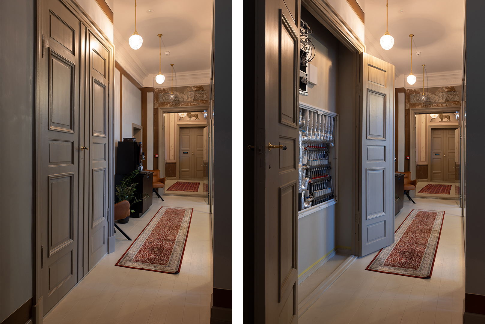 To korridorer: Den venstre viser lukkede dører og et teppe som leder til et annet rom; den høyre viser en åpen dør som avslører hyller med glass og flasker.