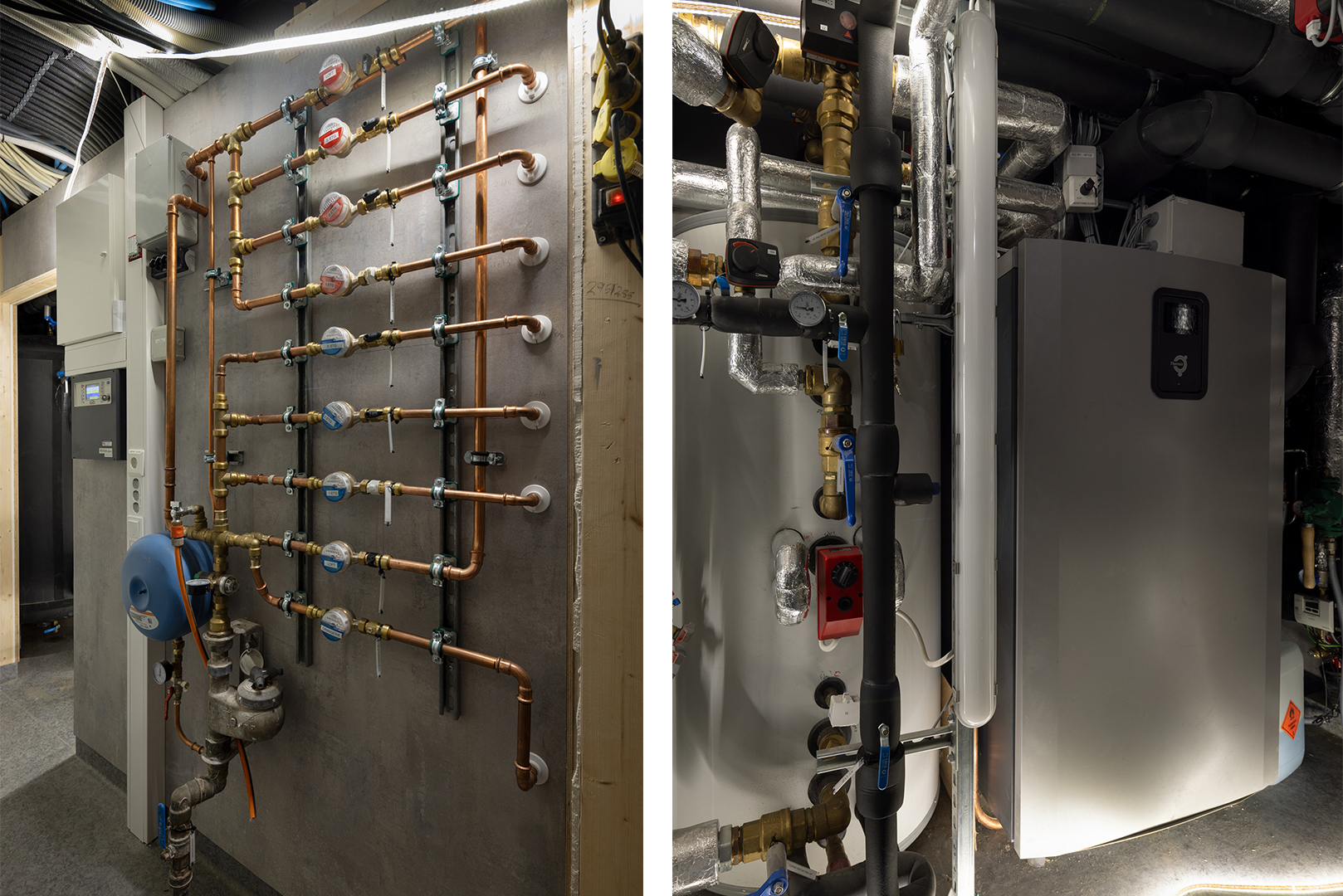 To utsnitt av et teknisk rom med synlige kobberrør, ventiler, målere og en montert vannoppvarmings- eller HVAC-enhet i metall.