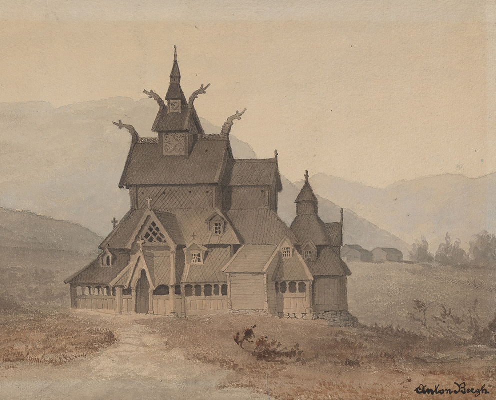 Et detaljert maleri av en stavkirke i tre med bratte, utsmykkede tak og drageformede utskjæringer, plassert i et landlig landskap med fjell i bakgrunnen.