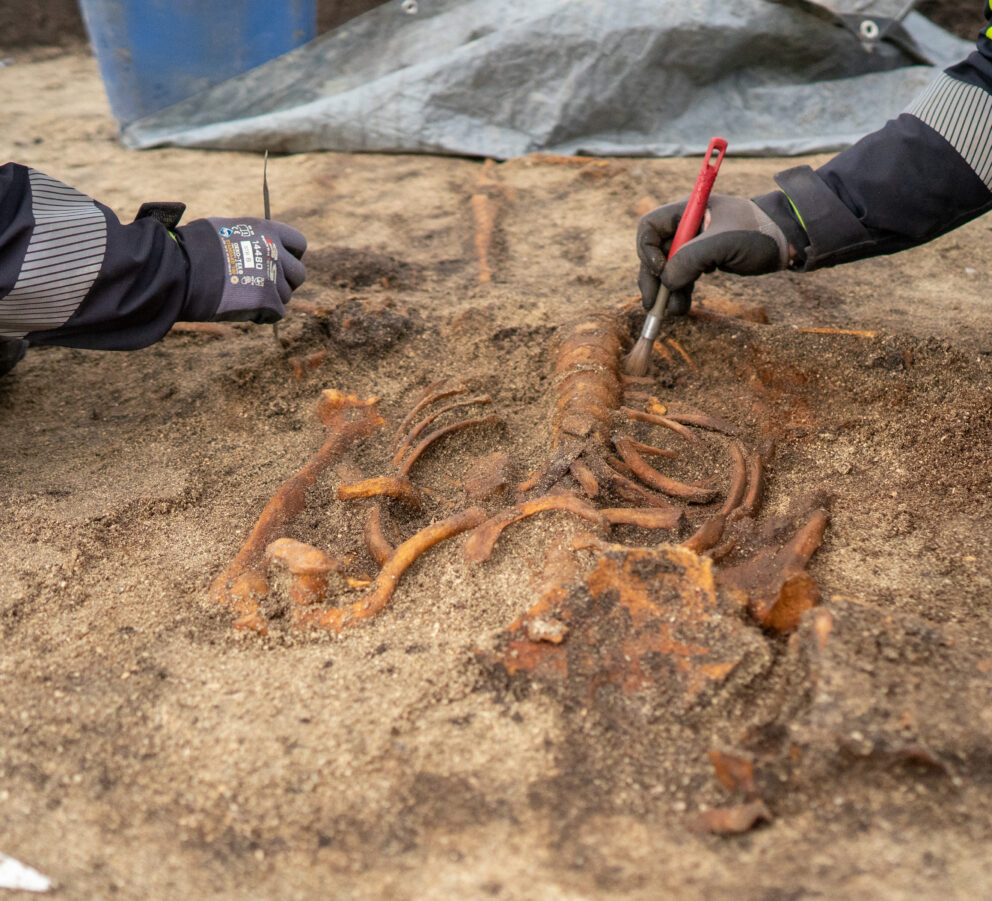 Delte ut 43 millionar til arkeologi – dette var dei mest spanande funna 15 Arkeologene graver forsiktig ut et menneskeskjelett fra sandjord, og bruker børster og verktøy for å fjerne skitt fra knoklene.