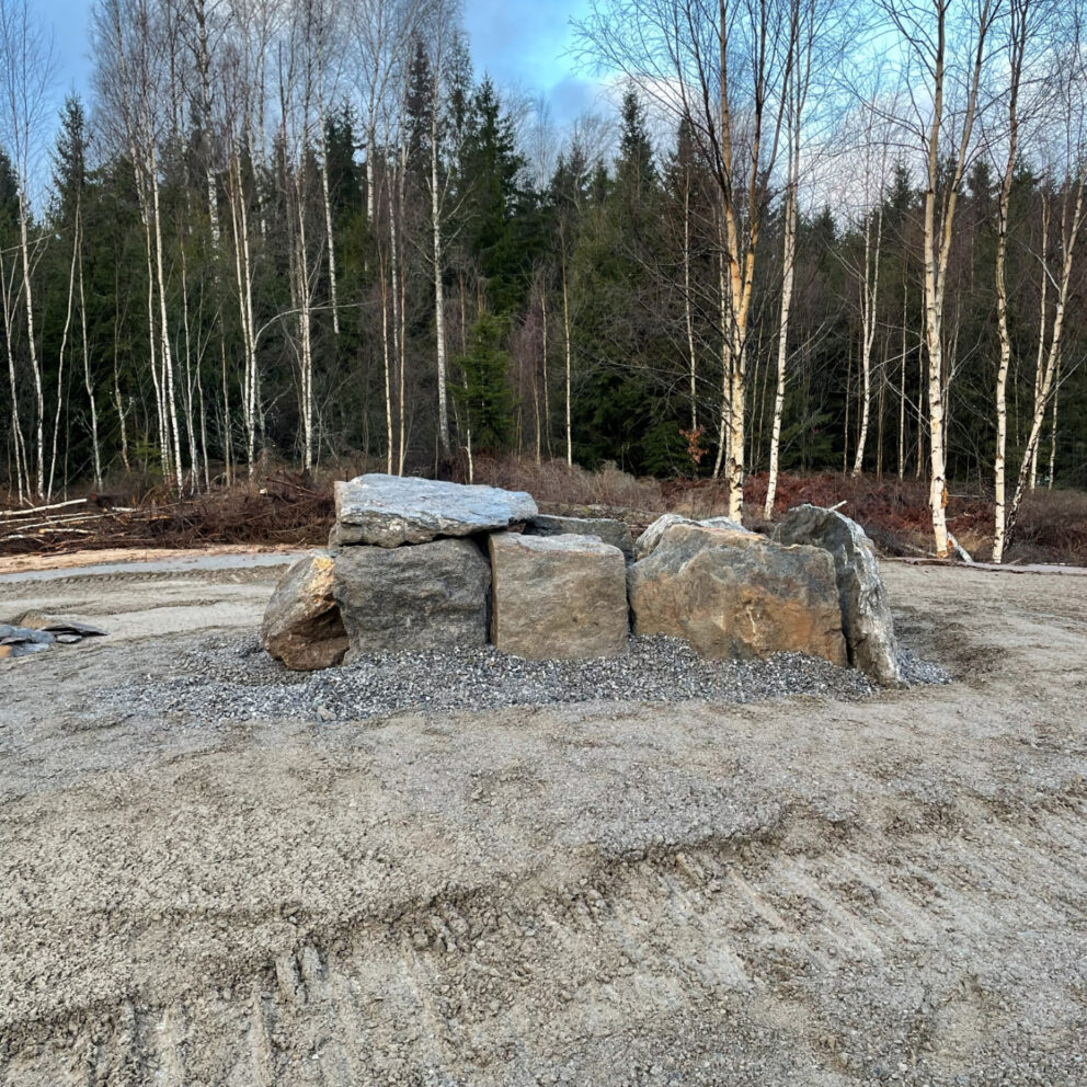 Delte ut 43 millionar til arkeologi – dette var dei mest spanande funna 10 Fire store steiner ligger på rekke og rad på en grusflate, omgitt av nakne trær og en skogkledd bakgrunn.