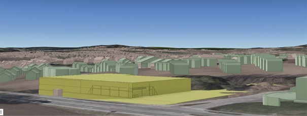 En 3D-modell viser en stor gul bygning i forgrunnen med flere grønne bygningsmodeller i bakgrunnen i et kupert landskap.