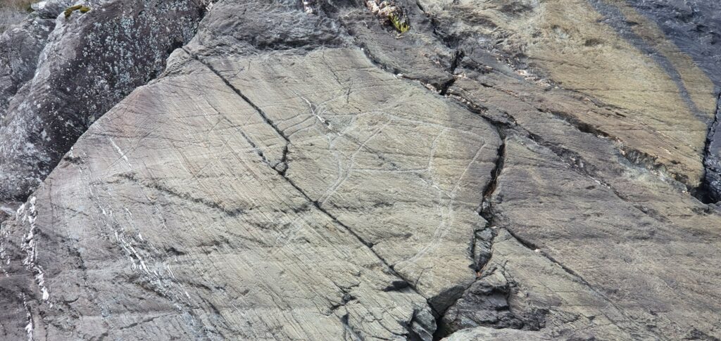 En stor, flat bergflate med svake, grunne linjeristninger eller graveringer - 34 meldt til politiet - som er synlige på overflaten.