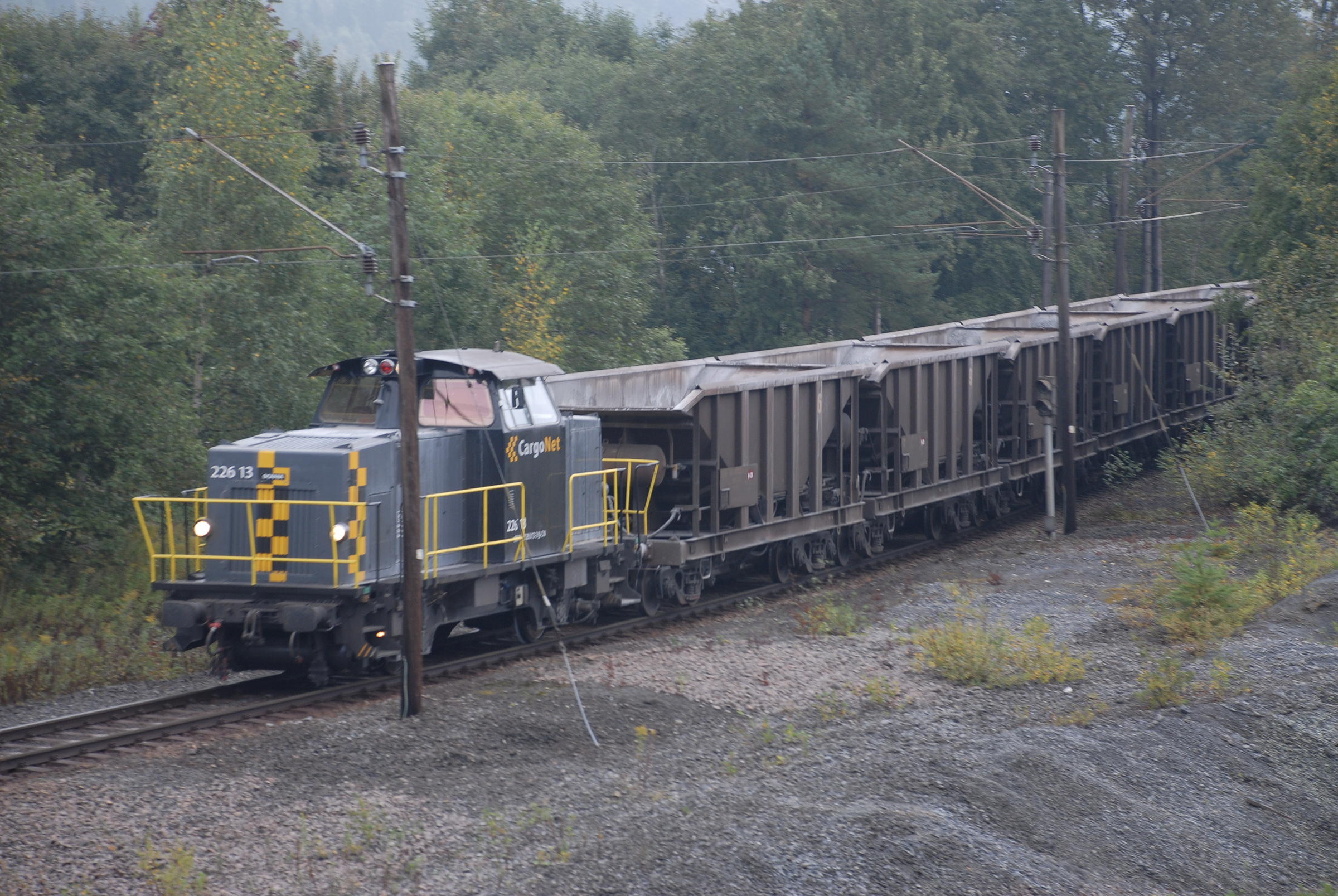 Et svart og gult diesellokomotiv trekker en rekke tildekkede godsvogner langs et jernbanespor omgitt av trær og vegetasjon.