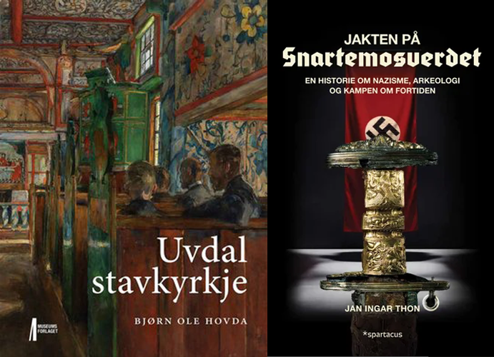 To bokomslag: ett med tittelen Uvdal stavkyrkje med en illustrasjon av et kirkerom, og ett med tittelen Jakten på Snartemosverdet med et sverd og et nazistisk flagg.