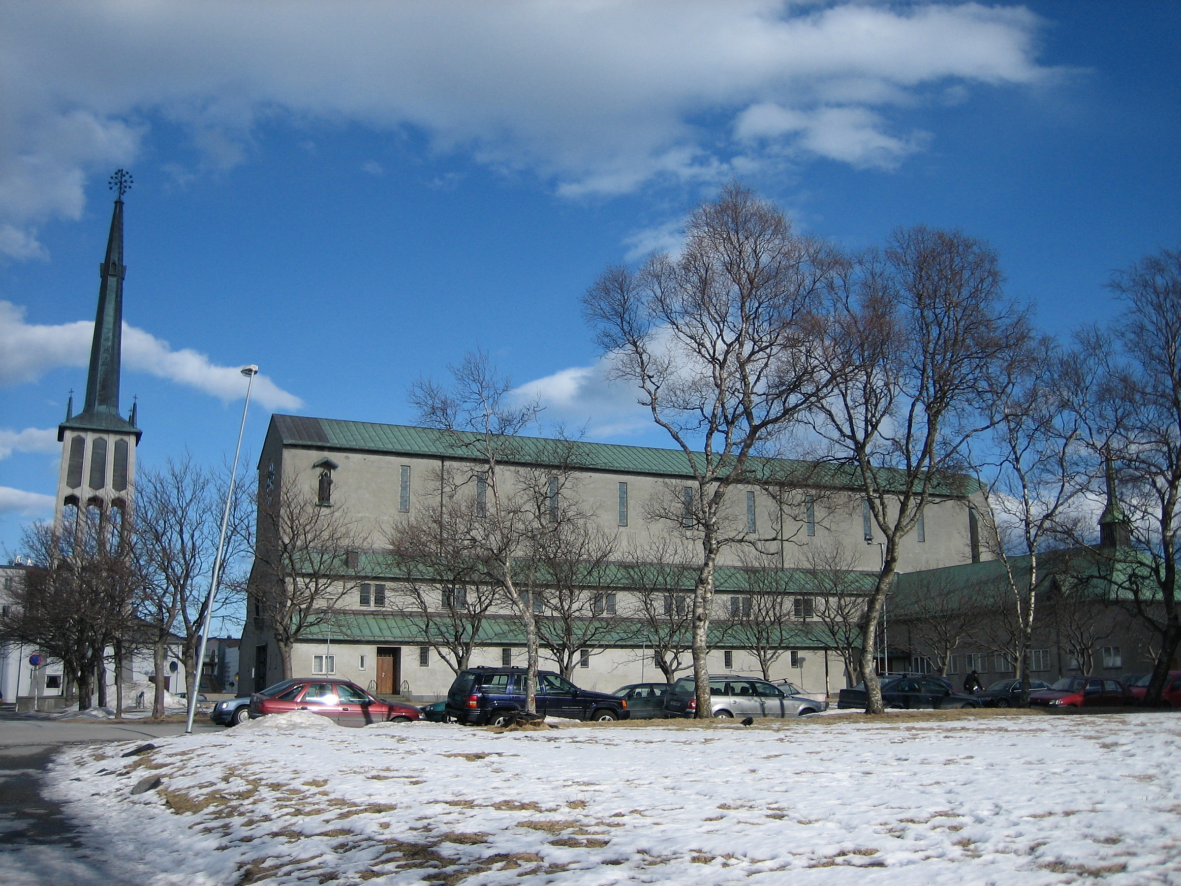 En stor, grå bygning med grønt tak står bak løvløse trær og parkerte biler, med snøflekker på bakken og et høyt spir i bakgrunnen under en delvis overskyet himmel.