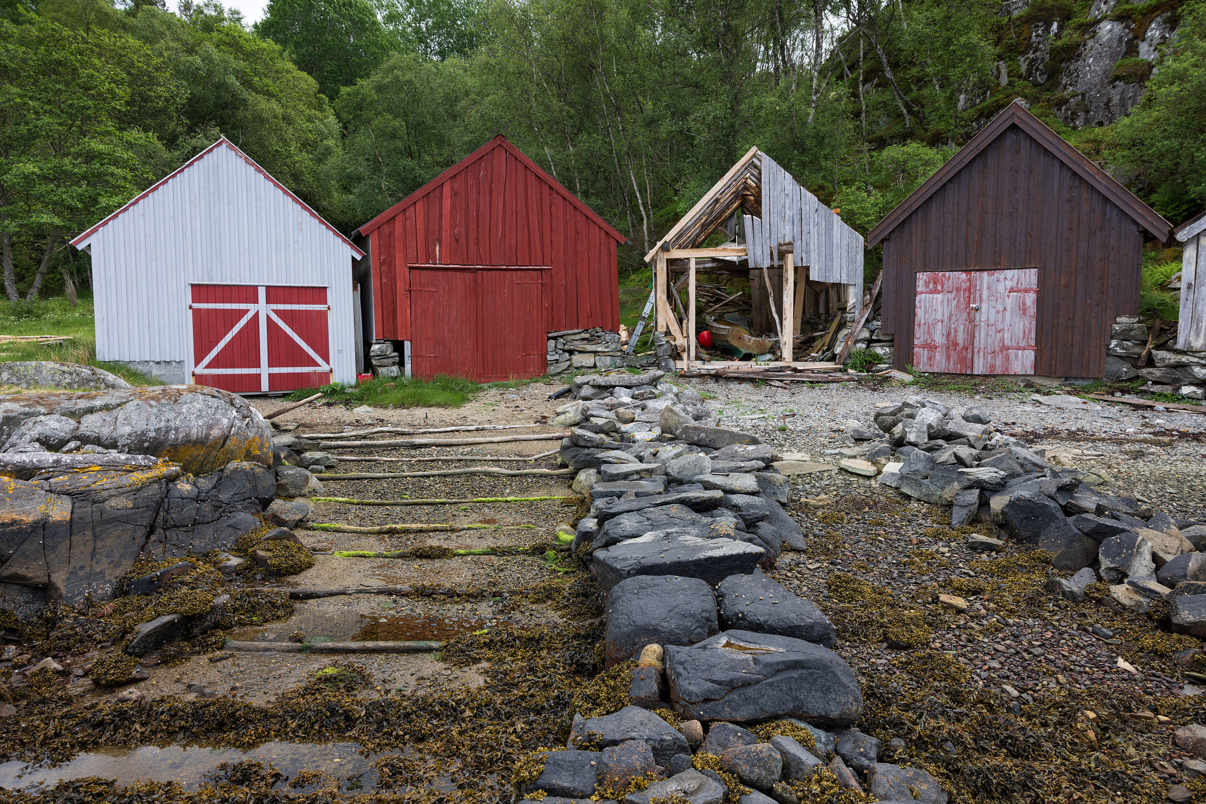 Fire naust i tre i varierende stand står ved vannet langs kysten, med en steinete, tangbevokst sti som fører opp til dem, omgitt av grønne trær.