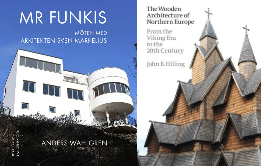 Bokomslagene side om side: til venstre et moderne hvitt hus under blå himmel, til høyre et nærbilde av kirkespir i tre med boktitler og forfattere.