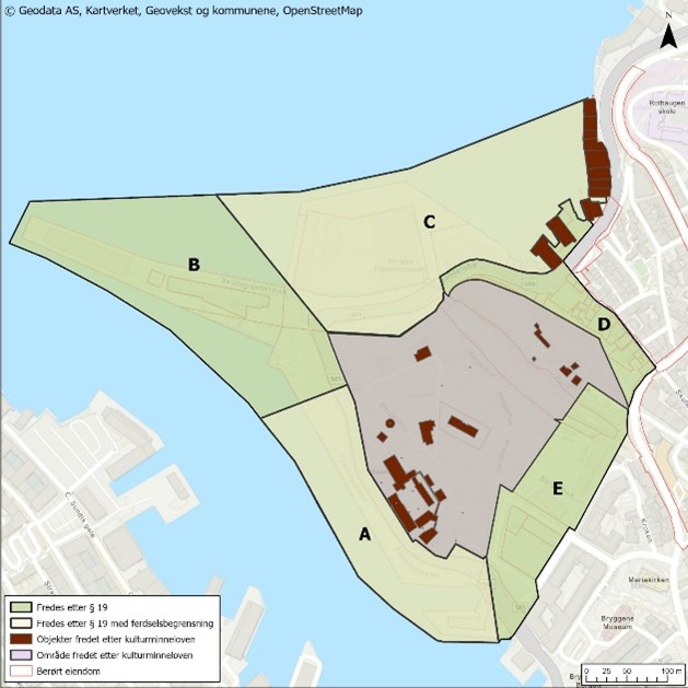Kart over et område inndelt i sektorene A-E, med ulike soner etter farge, inkludert beskyttede og bebygde områder, med tegnforklaring og kompass for orientering.