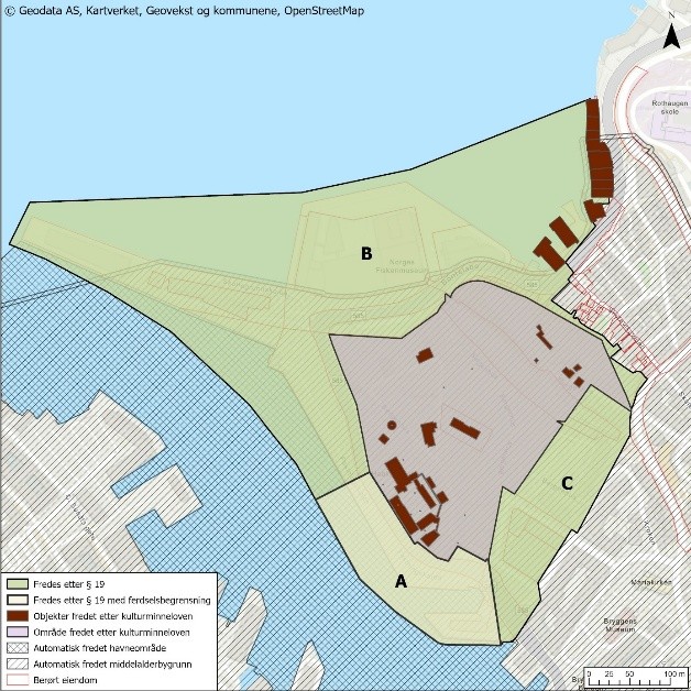 Et kart som viser utpekte verneområder merket A, B og C med ulike fargede soner og en tegnforklaring som forklarer ulike typer vernede områder.